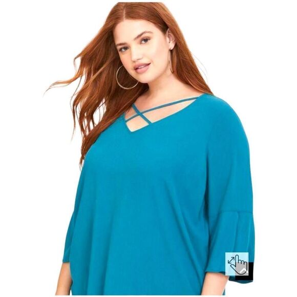 TORRID Plus Size Teal Crepe Strappy Criscross Blouse. - Picture 6 of 14